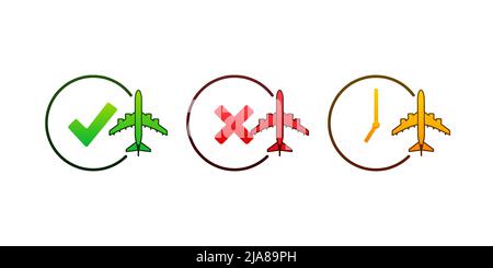 Flight information check mark. Qr code scan icon. Exclamation mark. Travel time. Stock Vector