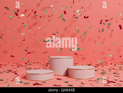 Bright, neon, salmon pink 3D rendering product display three podiums stands with colorful confetti celebration anniversary advertising and golden line Stock Photo
