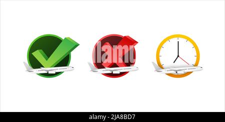 Flight information check mark. Qr code scan icon. Exclamation mark. Travel time. Stock Vector