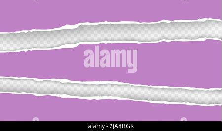 Torn ripped pieces of horizontal violet paper with soft shadow on transparent background for text. realistic vector illustration Stock Vector