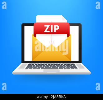 Download ZIP button on laptop screen. Downloading document concept. File with ZIP label and down arrow sign. Vector illustration. Stock Vector