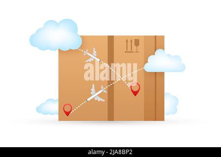 Vector concept. Modern cartoon illustration with flight delivery on blue background. Stock Vector