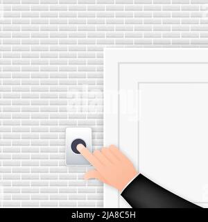 Hand push the bell button at the front door. Flat button. Flat vector illustration. Home entrance. Stock Vector