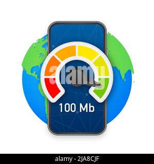 Hand holding smartphone with speed test on the screen. Vector illustration. Stock Vector