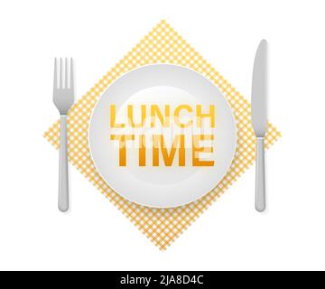 Flat icon with lunch time on white background for cover design. Cooking background. Vector icon. Vector logo. Stock Vector