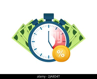 Quick credit percent. Clock and bag, time is money, fast loan, payment period, savings account. Vector stock illustration. Stock Vector