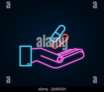 Neon capsule pills in hands. Realistic pills blister with capsules on white background. Vector illustration. Stock Vector