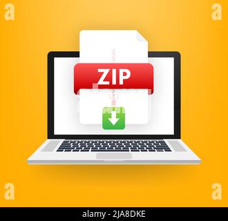 Download ZIP button on laptop screen. Downloading document concept. File with ZIP label and down arrow sign. Vector illustration. Stock Vector
