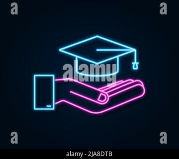 Graduation cap with tassel in hands, neon mortar board. Vector stock illustration. Stock Vector