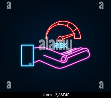 Risk neon icon on speedometer in hands. High risk meter. Vector stock illustration. Stock Vector
