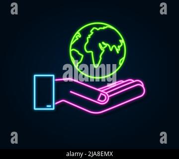 Neon abstract icon with earth in hands. Happy earth day. Planet sign. Hand draw. Stock Vector