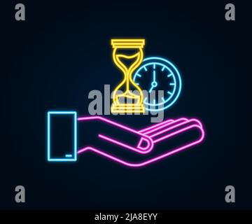 Hourglass neon icon. Hands holding hougglass and sandglass. Highly detailed. Antique clock with sand inside. Vector illustration. Stock Vector