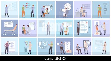 Set of medicine compositions in flat style with doctors and patients medical research test examination isolated vector illustration Stock Vector