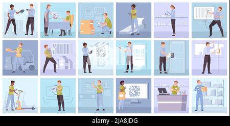 People scan codes while working buying products and using services flat composition set isolated vector illustration Stock Vector