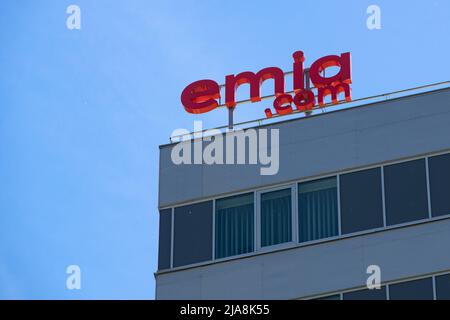 Bucharest, Romania - May 20, 2022: The logo of emia.com is seen on top of a building. Stock Photo