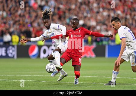 Saint Denis, France. 28th May, 2022. Eduardo Camavinga of Real Madrid pictured fighting for the ball with Naby Keita of Liverpool during a soccer game between Liverpool Football Club and Real Madrid CF in the Uefa Champions League Final 2021 - 2022 at stade de France in Paris, saturday 28 May 2022 in Paris, France . PHOTO SPORTPIX | DAVID CATRY DAVID CATRY Credit: SPP Sport Press Photo. /Alamy Live News Stock Photo