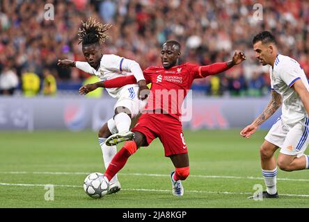 Saint Denis, France. 28th May, 2022. Eduardo Camavinga of Real Madrid pictured fighting for the ball with Naby Keita of Liverpool during a soccer game between Liverpool Football Club and Real Madrid CF in the Uefa Champions League Final 2021 - 2022 at stade de France in Paris, saturday 28 May 2022 in Paris, France . PHOTO SPORTPIX | DAVID CATRY DAVID CATRY Credit: SPP Sport Press Photo. /Alamy Live News Stock Photo