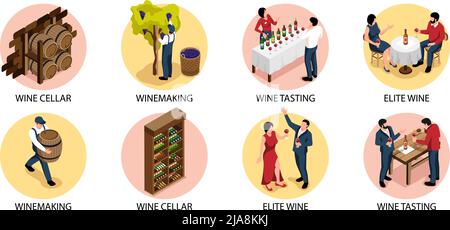 Wine isometric round set with wine cellar symbols isolated vector illustration Stock Vector