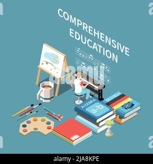 Isometric comprehensive education composition with student playing piano books stationery and tools for various school subjects 3d vector illustration Stock Vector