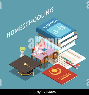 Homeschooling family education isometric concept composition with 3d stack of textbooks certificate boy studying with his mum vector illustration Stock Vector
