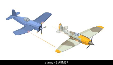 WWII military vehicles isometric set with aircraft fight vector illustration Stock Vector