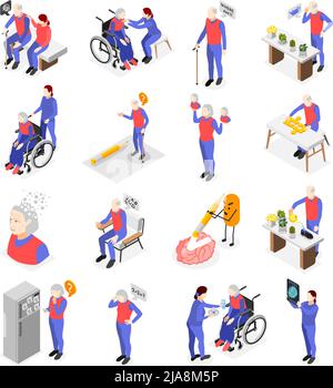 Old people with dementia symptoms isometric set with human characters of senior patients and medical staff 3d isolated vector illustration Stock Vector