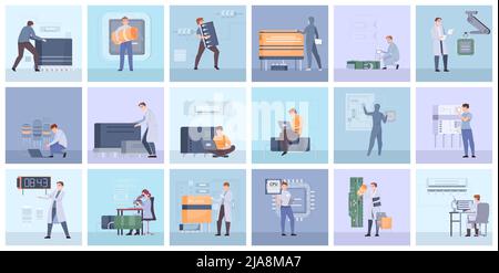 Micro chips square set with hardware symbols flat isolated vector illustration Stock Vector