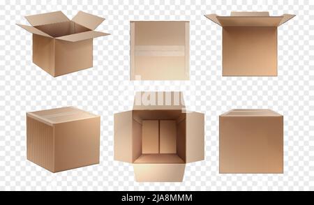 Six view of empty cardboard realistic set on transparent background isolated vector illustration Stock Vector