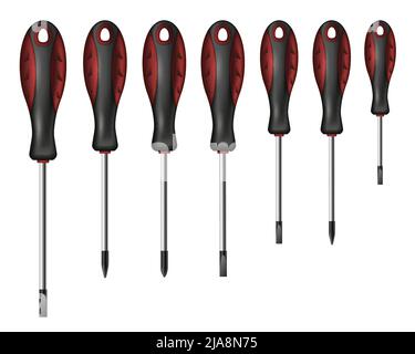 Screwdrivers realistic set with redecoration and repait symbols isolated vector illustration Stock Vector