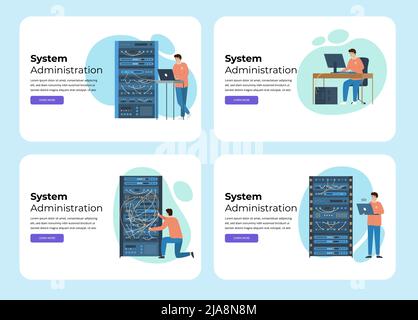 System administrator flat cards with horizontal web pages with editable text clickable links and doodle images vector illustration Stock Vector