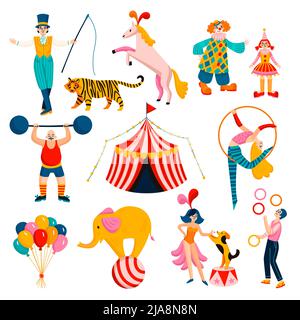 Circus icon set with circus artists magicians balloons circus tent trained animals and tamers vector illustration Stock Vector