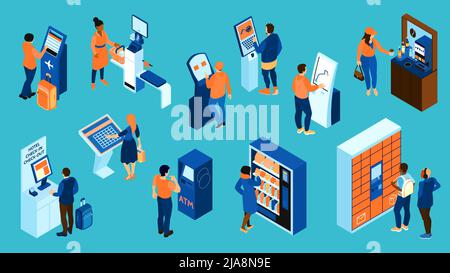 Isometric self service color icon set people with bank terminals points of issue of orders self service coffee shop terminal for issuing airline ticke Stock Vector