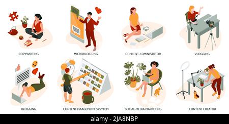 Isometric content manager composition set with copywriting microblogging content administrator vlogging blogging and other descriptions vector illustr Stock Vector
