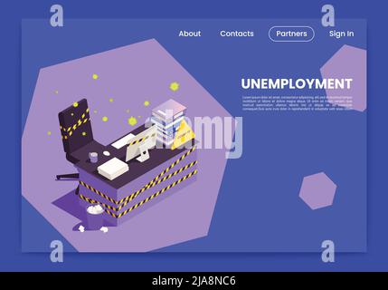 Unemployment web composition with empty isometric office chair vector illustration Stock Vector
