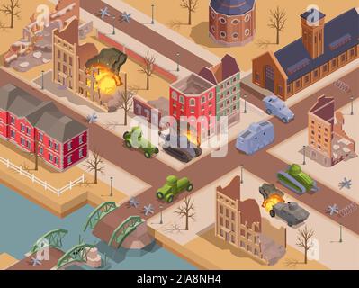 First world war military vehicles and tank battle in ruined city isometric vector illustration Stock Vector