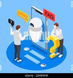 FAQ isometric background with people receiving consultations of robotic assistant using smartphone vector illustration Stock Vector