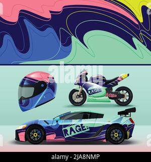 Realistic color abstract livery mockup for racing vehicles and helmet isolated vector illustration Stock Vector