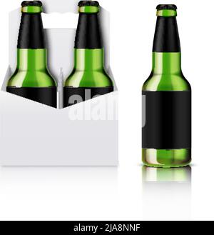 Green glass beer bottle and white pack cardboard box for four bottles with handle realistic composition vector illustration Stock Vector
