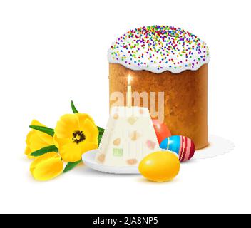 eastern orthodox easter realistic composition with traditional sweet cake paskha dyed eggs and spring flowers vector illustration Stock Vector