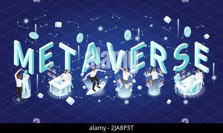 Vr metaverse isometric colored composition big headline or logo with players wearing glasses can see 3D projections vector illustration Stock Vector