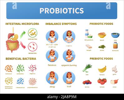 Probiotics infographics cartoon set with isolated icons of prebiotic ...