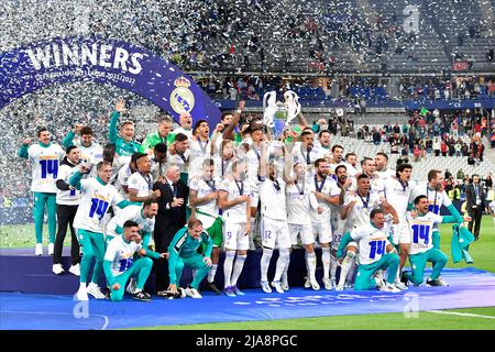 Paris, France. 28th May, 2022. Marcelo (12) of Real Madrid can raise the trophy as the winner of the UEFA Champions League final between Liverpool and Real Madrid at the Stade de France in Paris. (Photo Credit: Gonzales Photo/Alamy Live News Stock Photo
