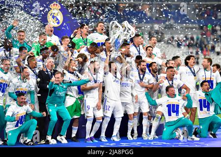 Paris, France. 28th May, 2022. Marcelo (12) of Real Madrid can raise the trophy as the winner of the UEFA Champions League final between Liverpool and Real Madrid at the Stade de France in Paris. (Photo Credit: Gonzales Photo/Alamy Live News Stock Photo