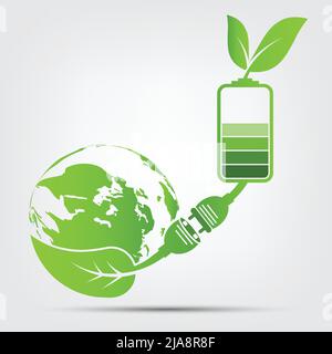 Green earth Concept Power plug leaves ecology battery emblem.Vector illustration Stock Vector
