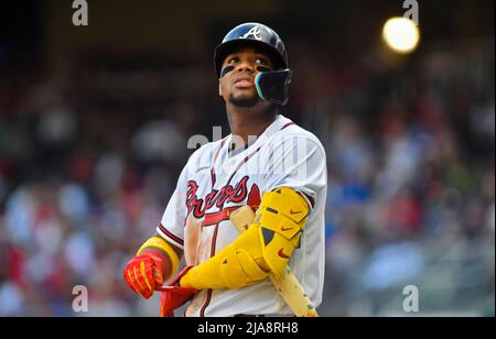 National League outfielder Ronald Acuna Jr., of the Atlanta Braves, works  out during batting practice prior to the MLB All-Star baseball game,  Tuesday, July 19, 2022, in Los Angeles. (AP Photo/Abbie Parr