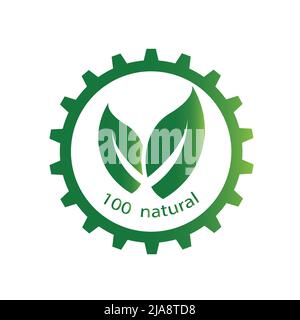 ecology gear and leaf logo,100 percent natural label,Vector illustration Stock Vector