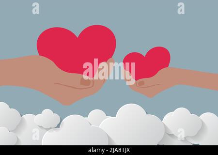 Valentine's day balloons in a heart shaped flying over grass view background, paper art style,Vector illustration Stock Vector