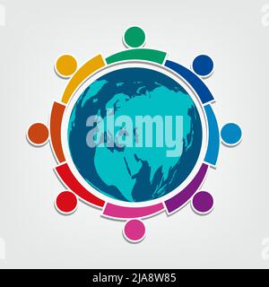 Group of eight people logo in a circle.Persons teamwork holding Stock Vector