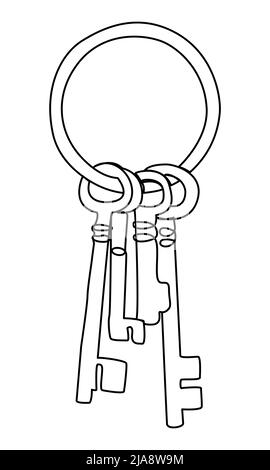 Continuous line keys on a ring. Minimalist key illustration for hotel room, castle. Vector element for real estate sale Stock Vector