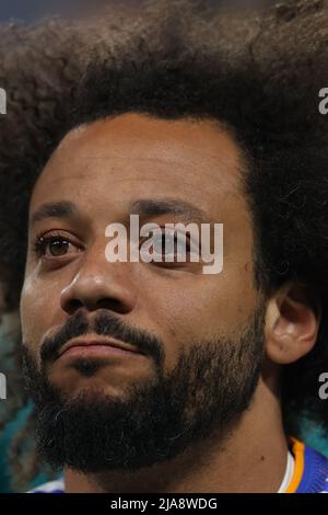 Paris, France. 28th May, 2022. Real Madrid's Marcelo reacts after the UEFA Chamiopns League final match between Real Madrid and Liverpool, in Paris, France, on May 28, 2022. Credit: Meng Dingbo/Xinhua/Alamy Live News Stock Photo